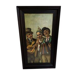 Vintage Framed Print Of Musicians Playing Instruments With Black Wooden Beaded F